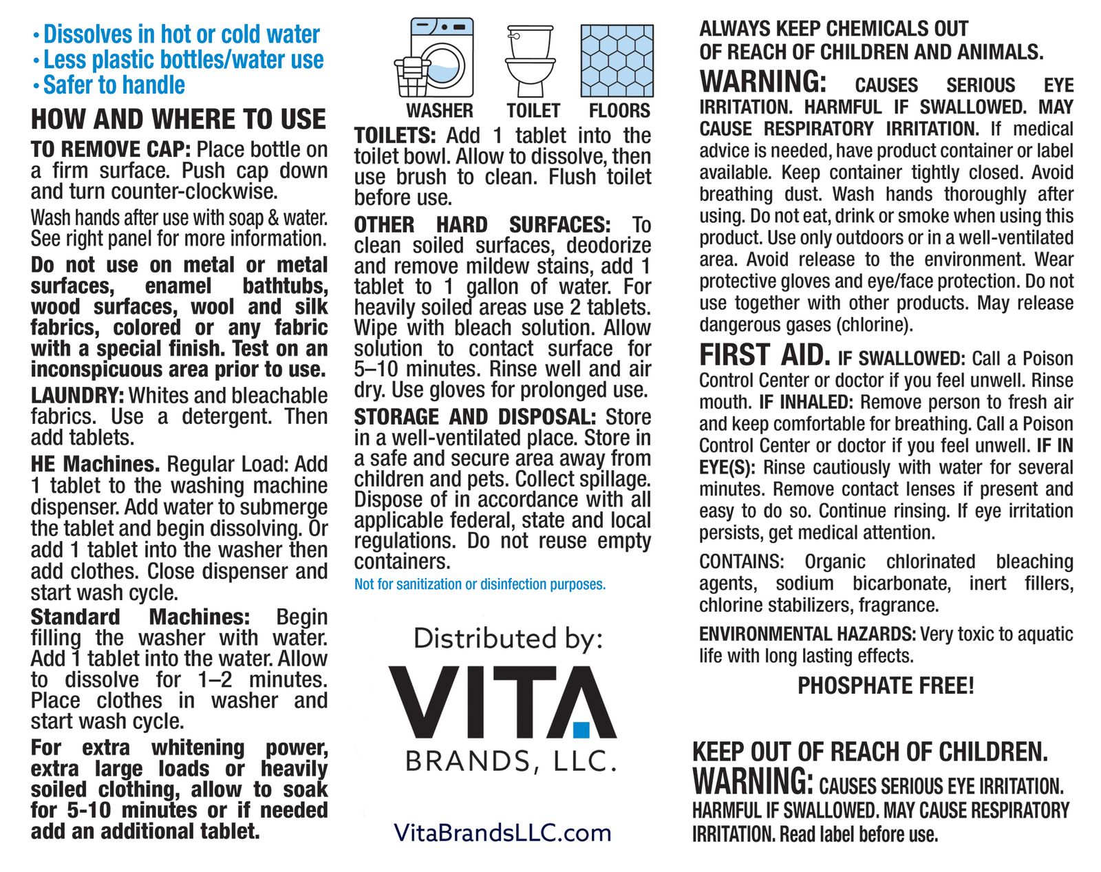 Smart Bleach® back label — directions for use, ingredients, warnings, and first aid